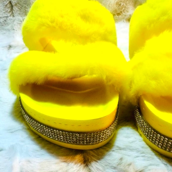 Mata Yellow Faux Fur Furry Double Strap Slide In Sandals - Picture 7 of 8